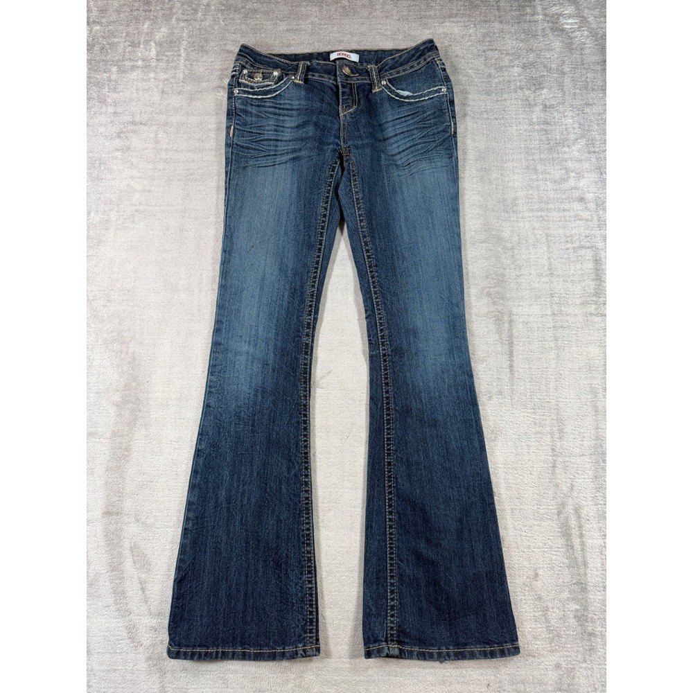 Bongo Jeans Womens 29 Blue Low Rise Rhinestone Flap Pocket Y2K Flare Denim